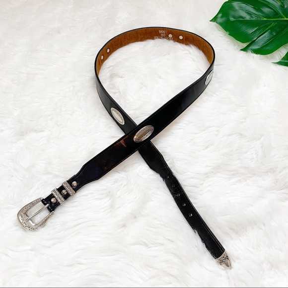 BRIGHTON black leather BOHO belt silver oval 40 - Picture 2 of 8